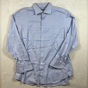 Canali 17.5-44 Navy Plaid Crosscheck Spread Collar Made in Italy Dress Shirt